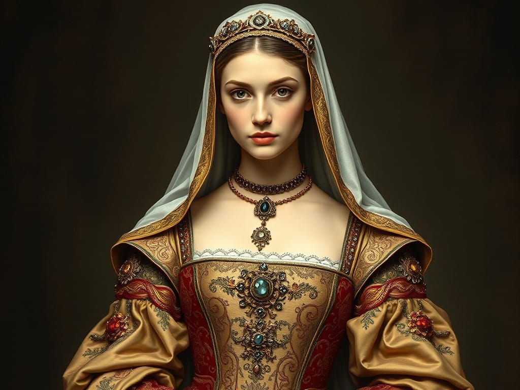 Regal Medieval Princess in Ornate Gown with Intricate Embroi...