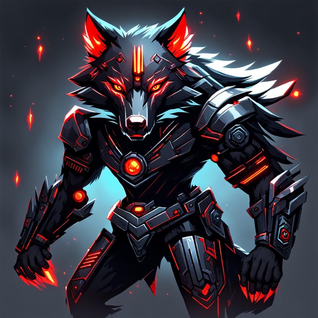 Cyberpunk Anthro Wolf Warrior with Glowing Eyes