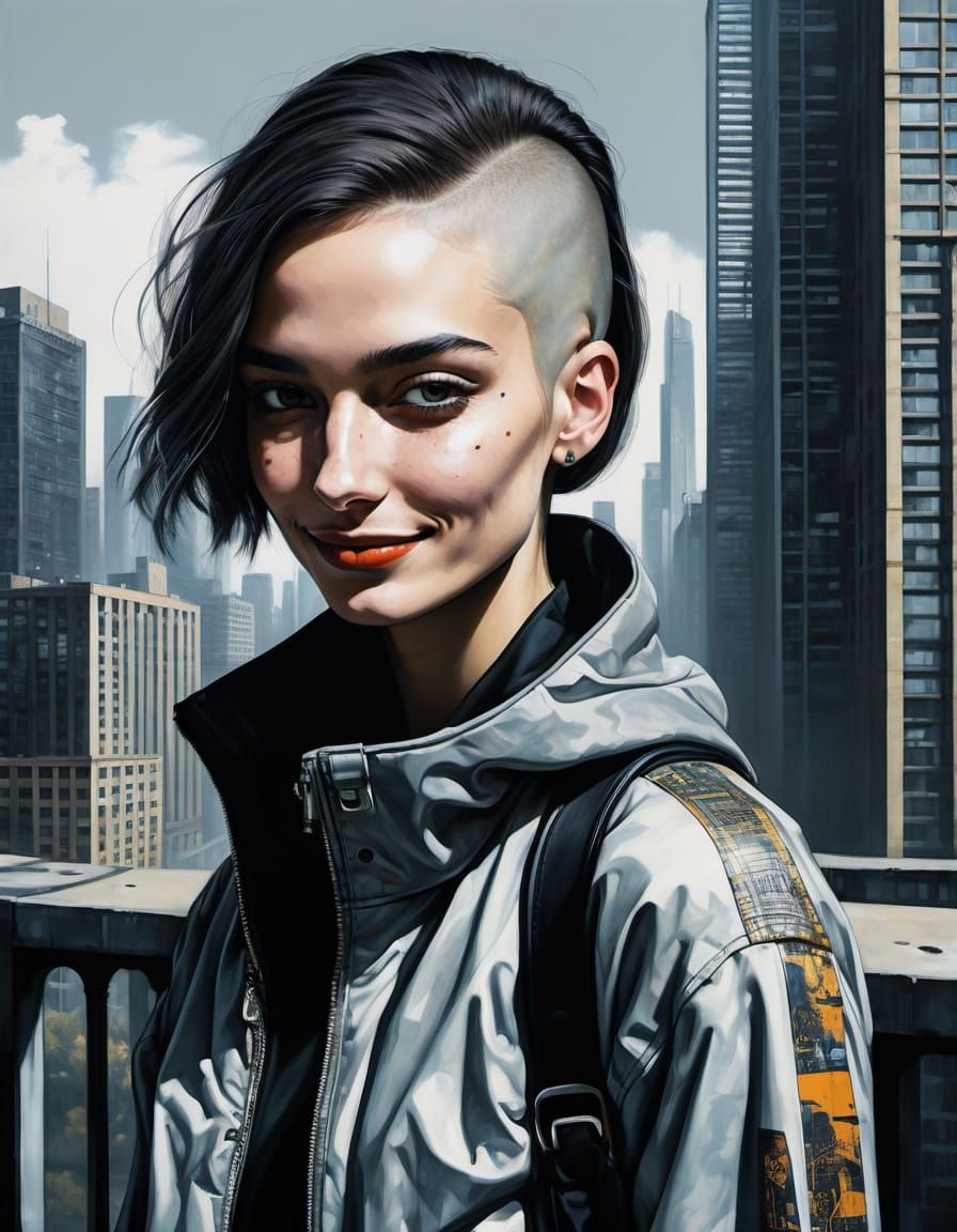 Modern Skinhead Woman in Renaissance-Inspired Portrait