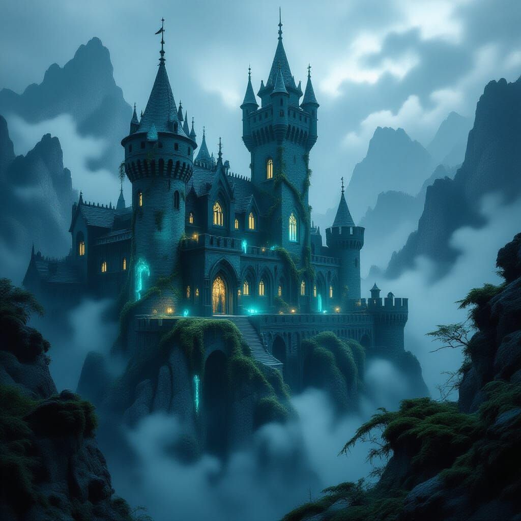 Gloomy Gothic Castle Illuminated by Bioluminescent Flora