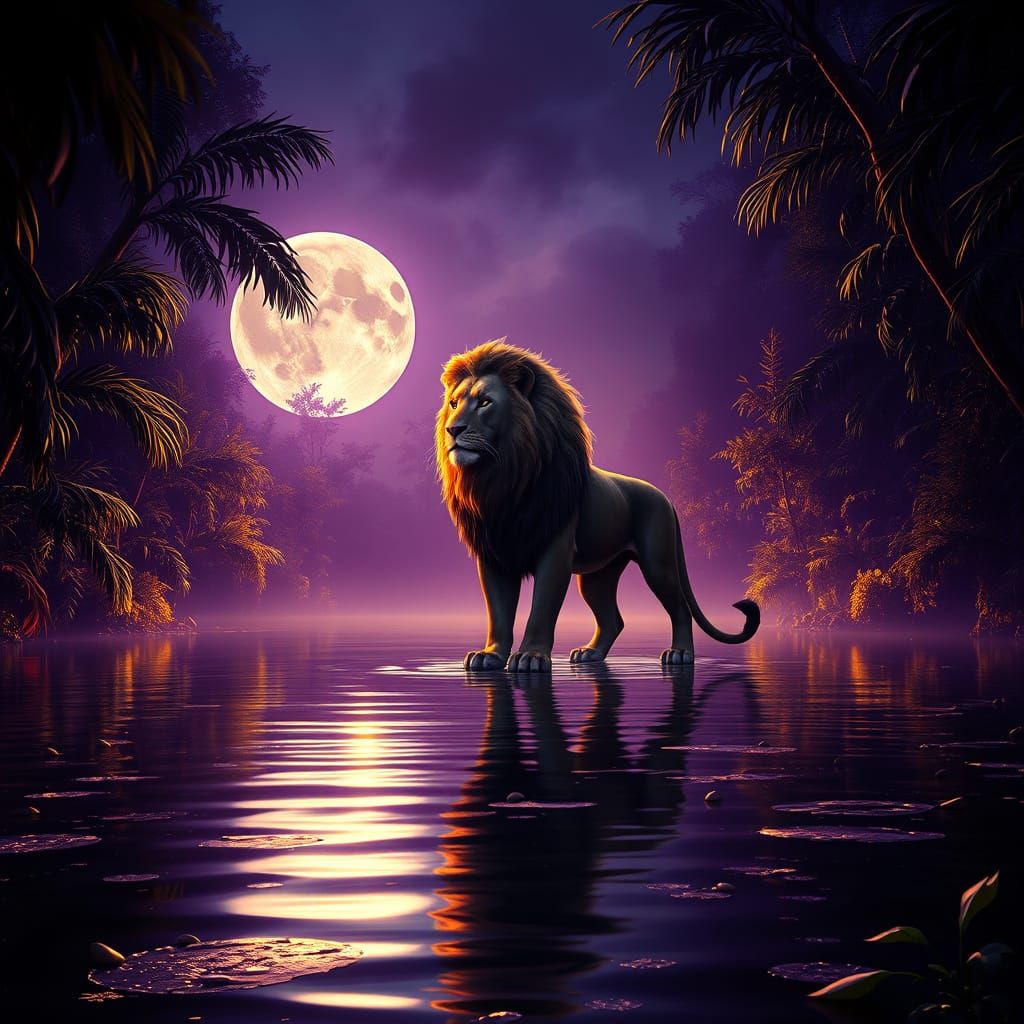 Majestic Lion Under Full Moon in Jungle Landscape