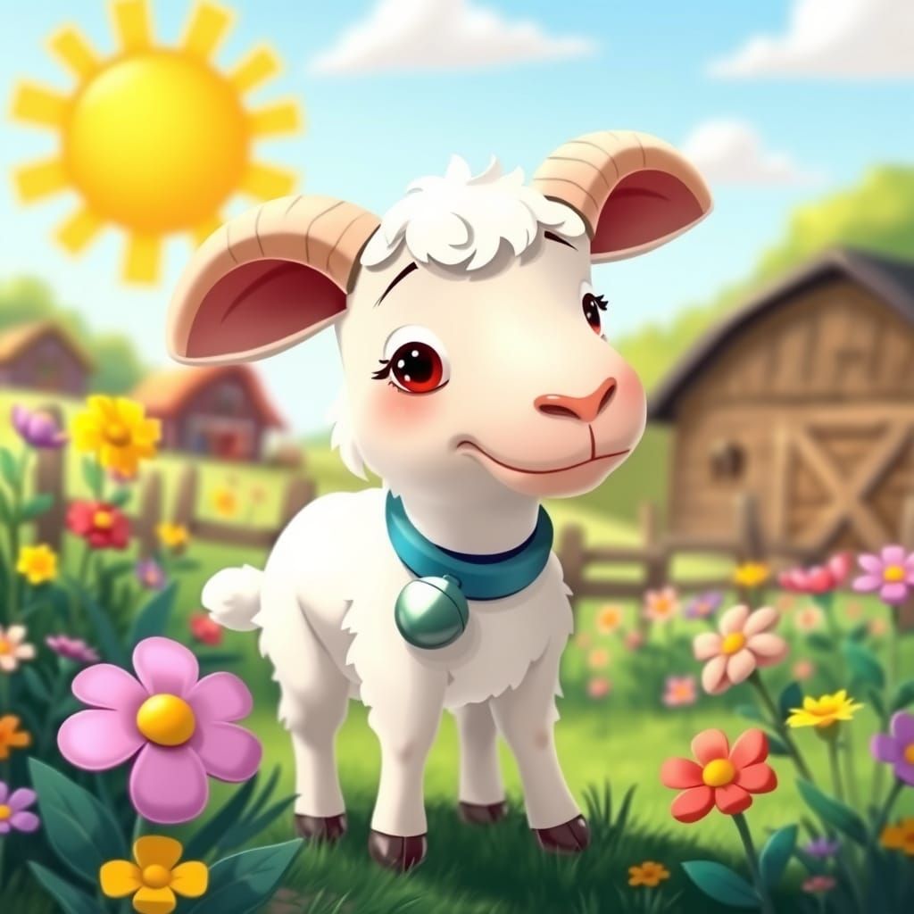 An overly exaggerated whimsical caracuture of a nervous lamb...