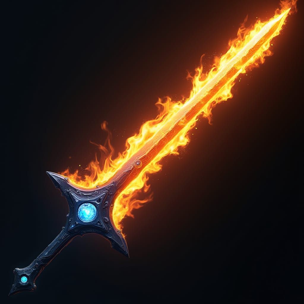 Blazing Sword of Flames in Futuristic Angle with Azure Gem
