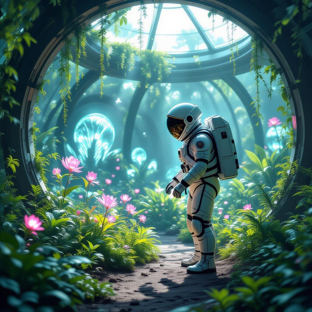 Astronaut Tends Alien Bioluminescent Garden in Biodome