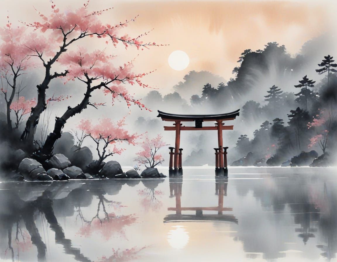 Torii Gate at Misty Lake: Sumi-e Minimalism