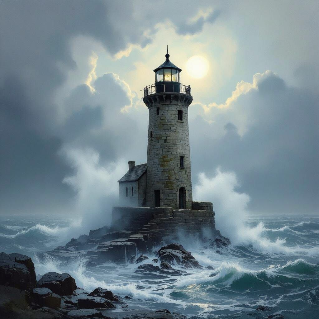 Lighthouse Battling Stormy Seas in Romantic Style