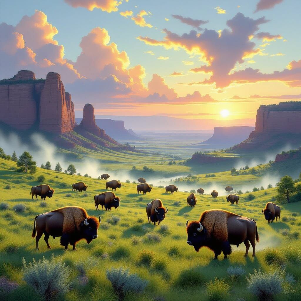 Majestic Buffalo Roam Emerald Badlands