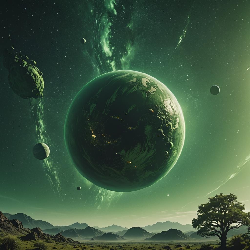Green Planets Emit Sound: Cinematic Film Still