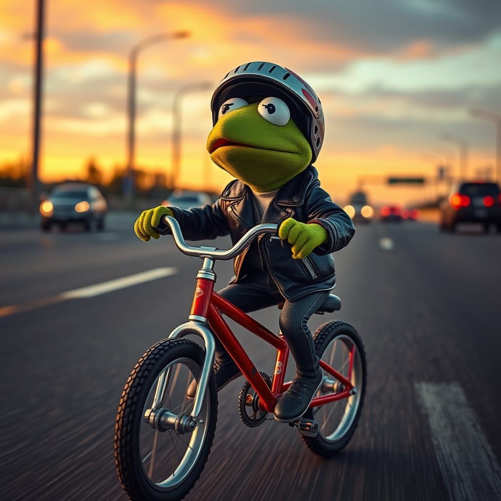 Kermit the Frog Rides Bicycle on Freeway at Dusk
