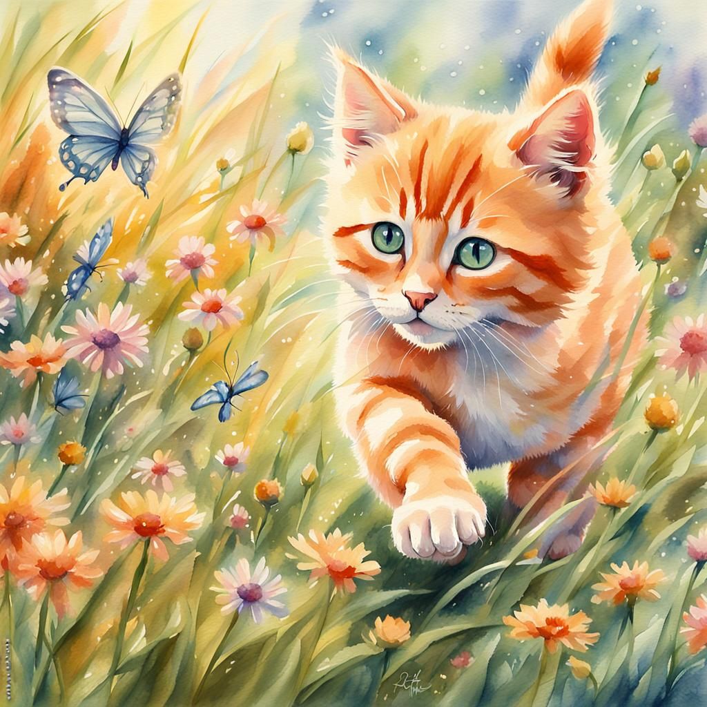 Ginger Kitten Chasing Butterfly in Watercolor Meadow