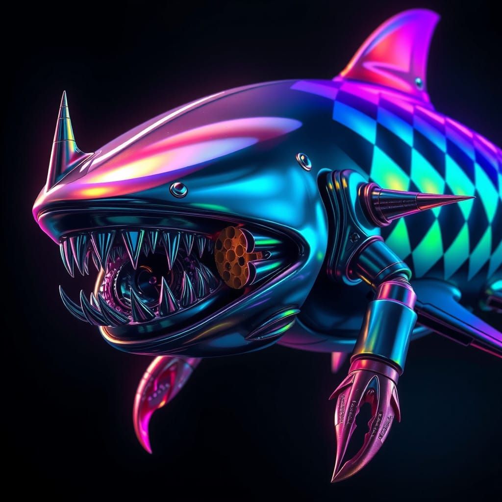 Ethereal Shark-Creature in Iridescent Armor with Neon Glow