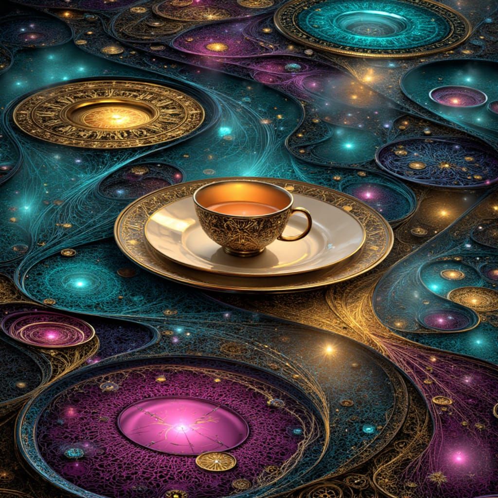 Surreal Teacup Floating in Dreamlike Fabric