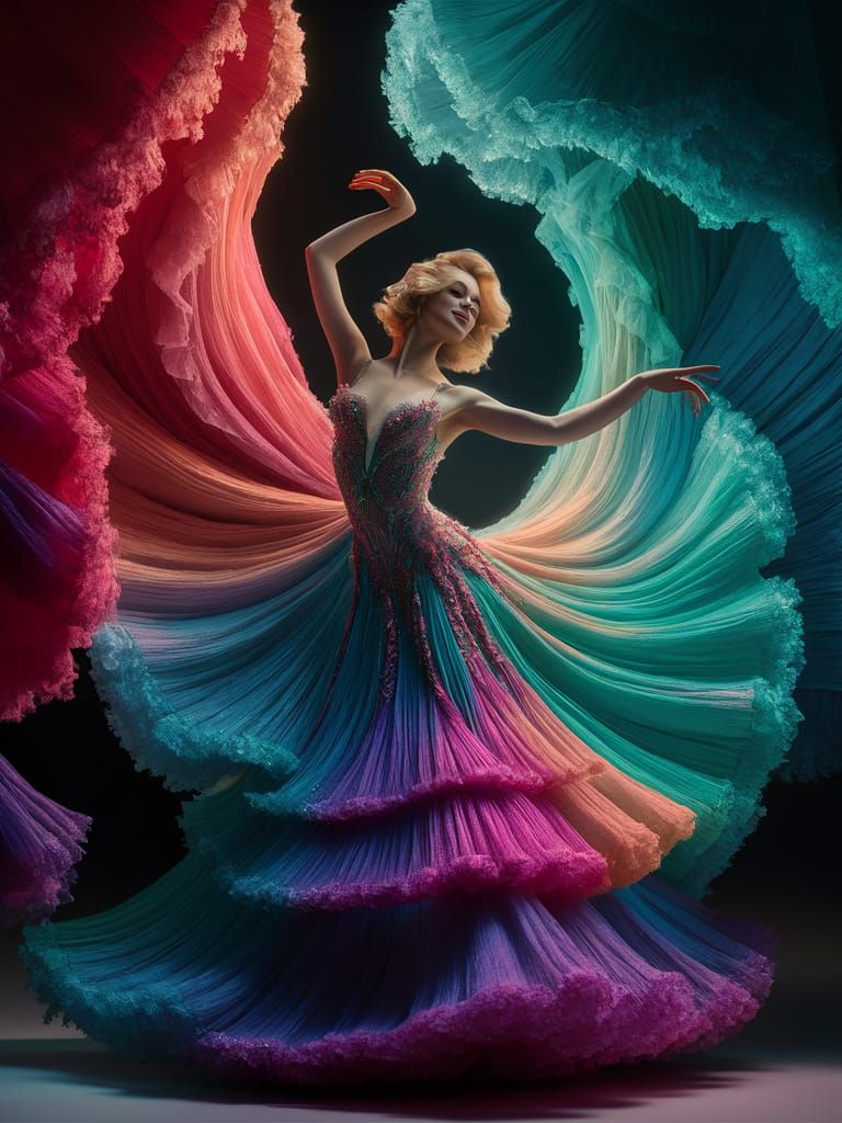 Beautiful Woman Dancing in Neon Dress: Cinematic Photo