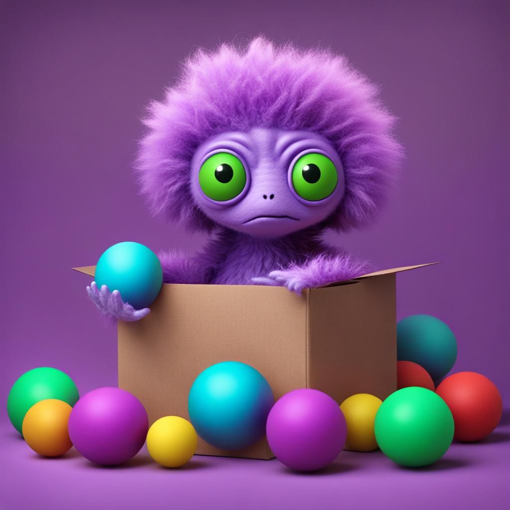 Fluffy Purple Alien in Colorful Ball Pit