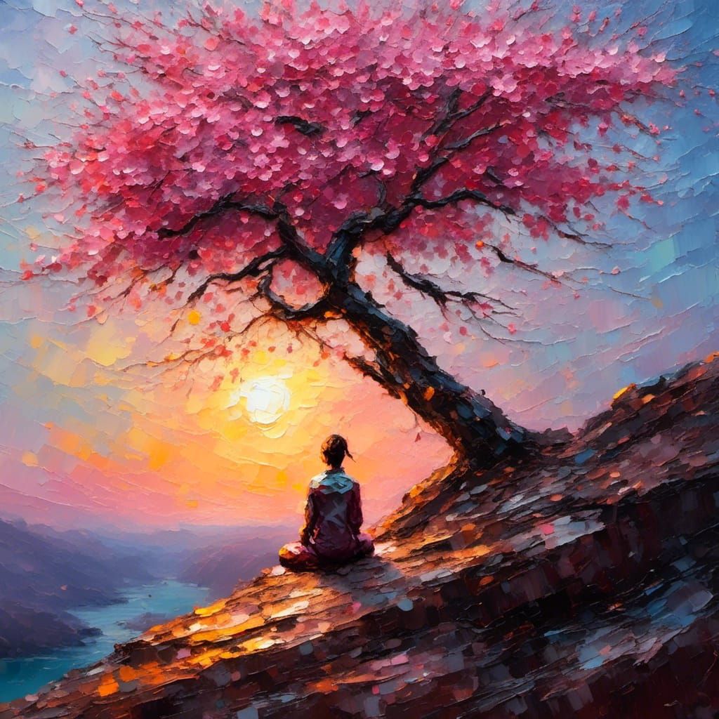 Vibrant Cherry Blossom Impasto Oil Painting at Sunset