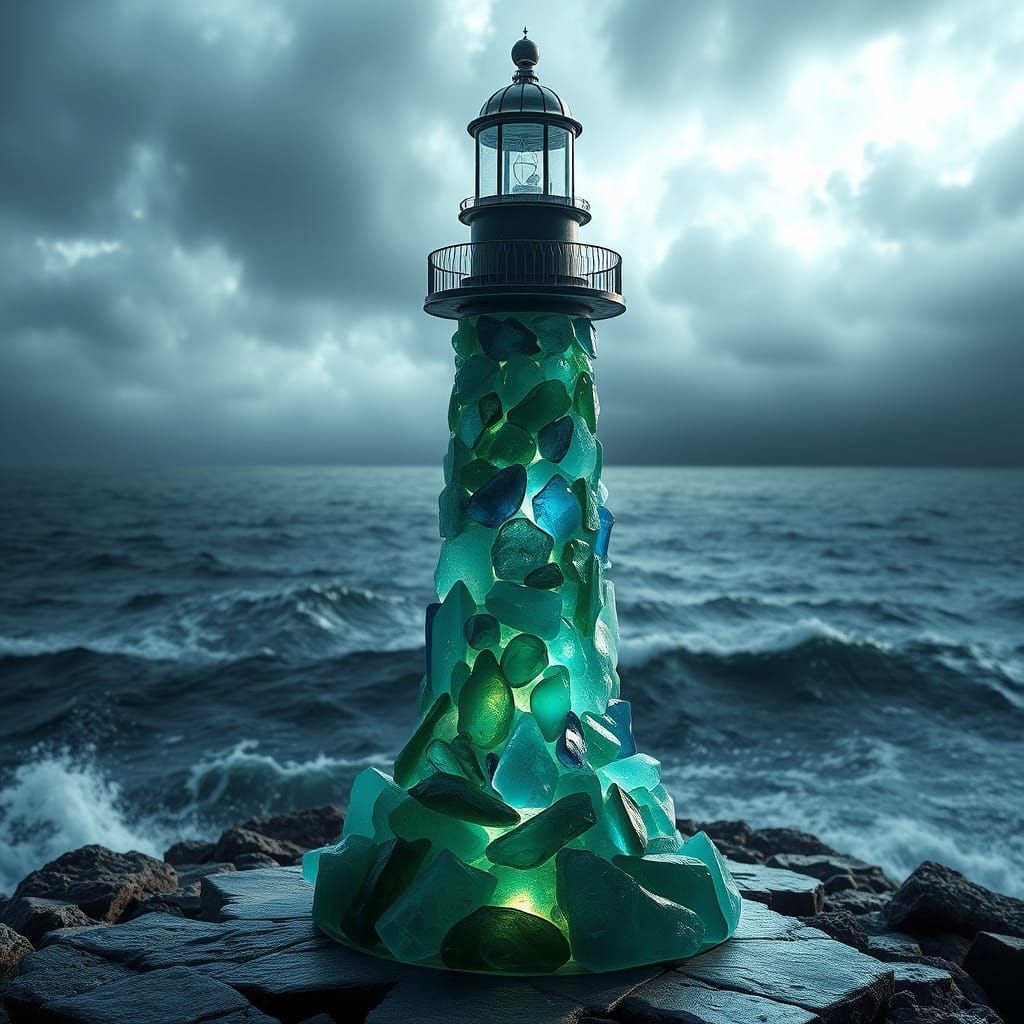 Sea Glass Lighthouse Sculpture in Dramatic Lighting