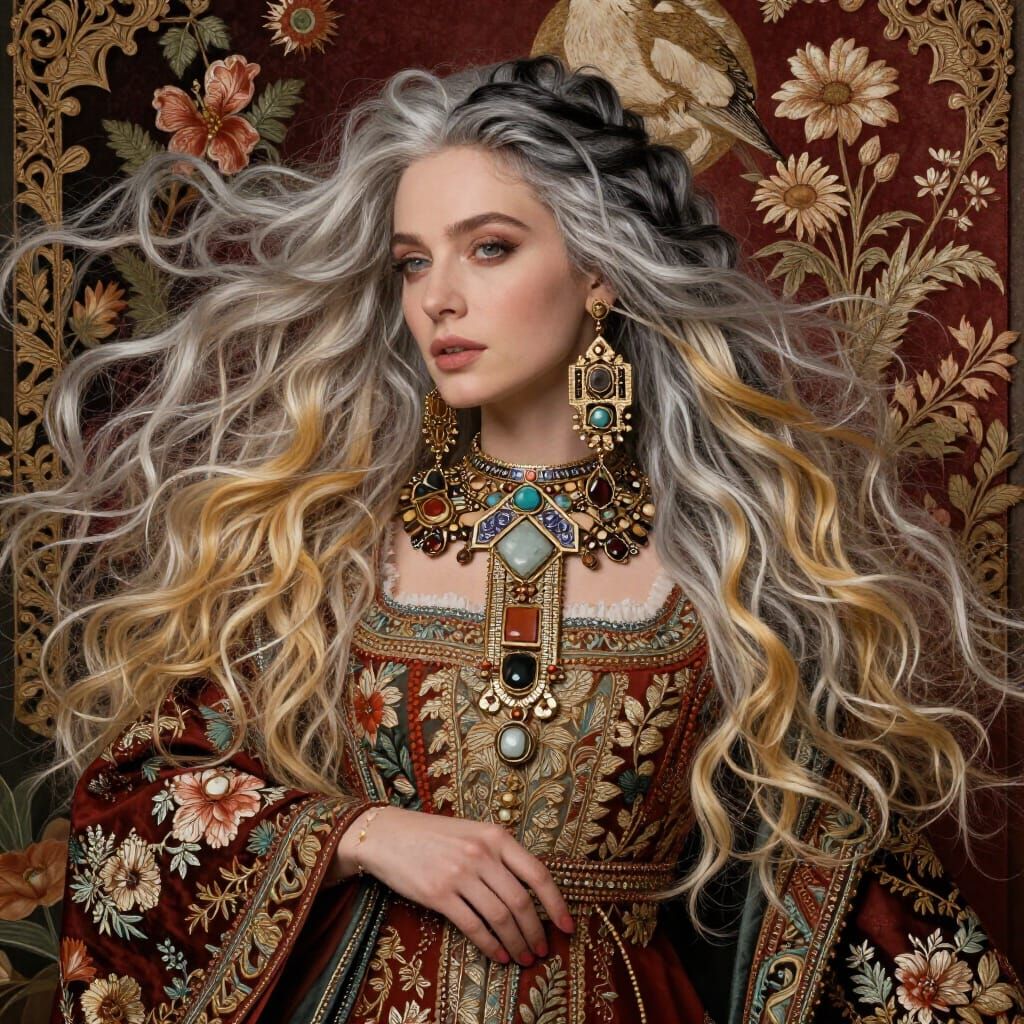 Renaissance Woman in Art Deco Jewelry and Floral Gown