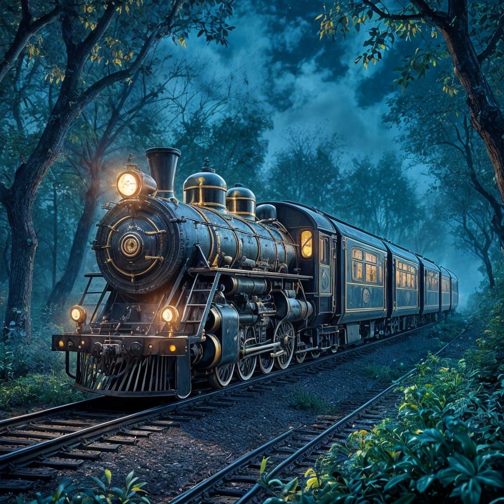 Futuristic Baroque Train in Bioluminescent Forest