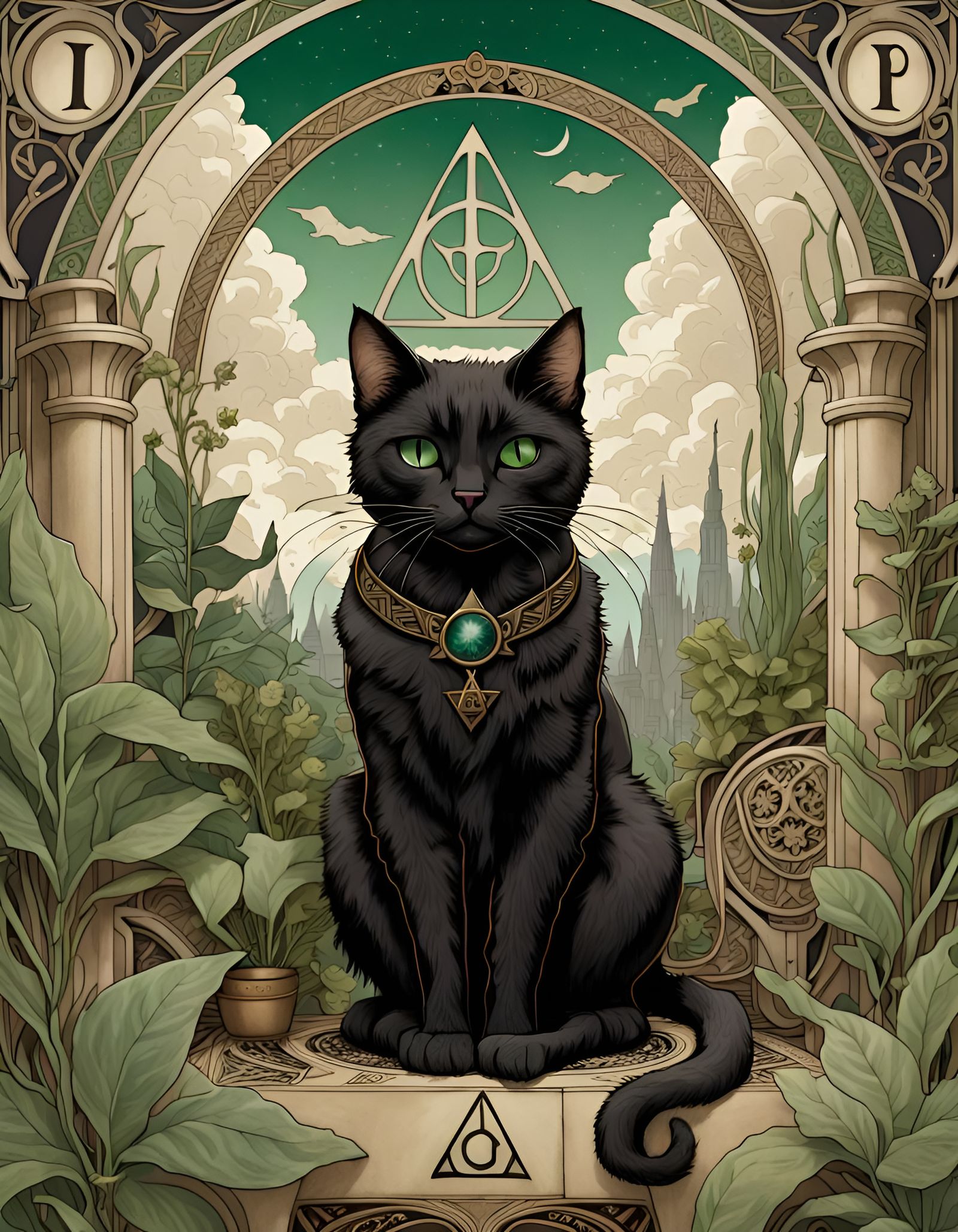 Art Nouveau Cat Guardian in Sepia Tones