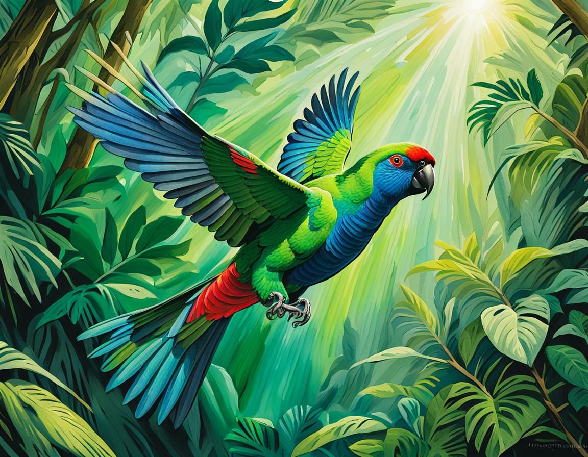 Emerald Parrot in Jungle Sunlight, Comic Book Art