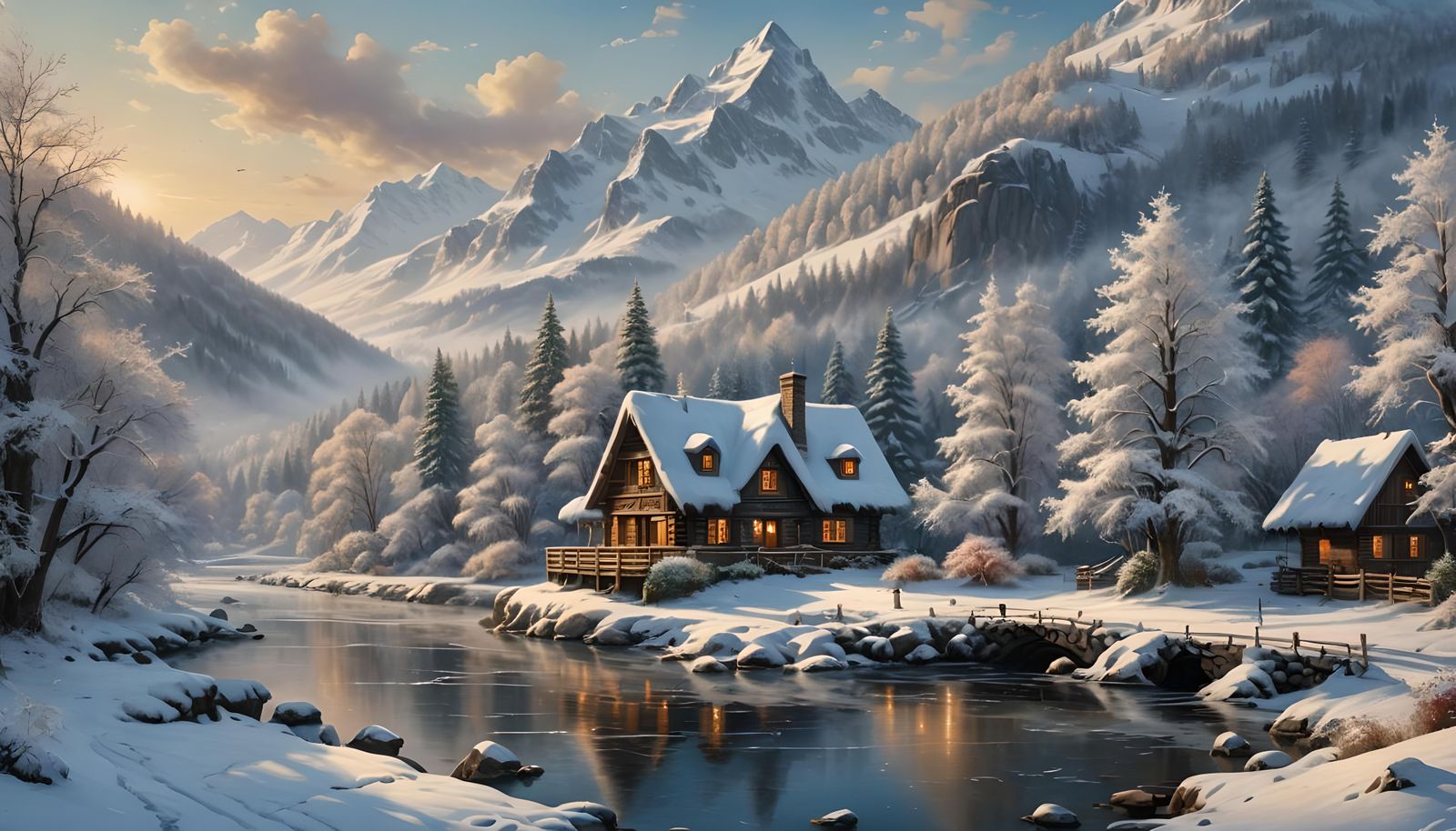 Winter Chalet Landscape in Oil Painting Style