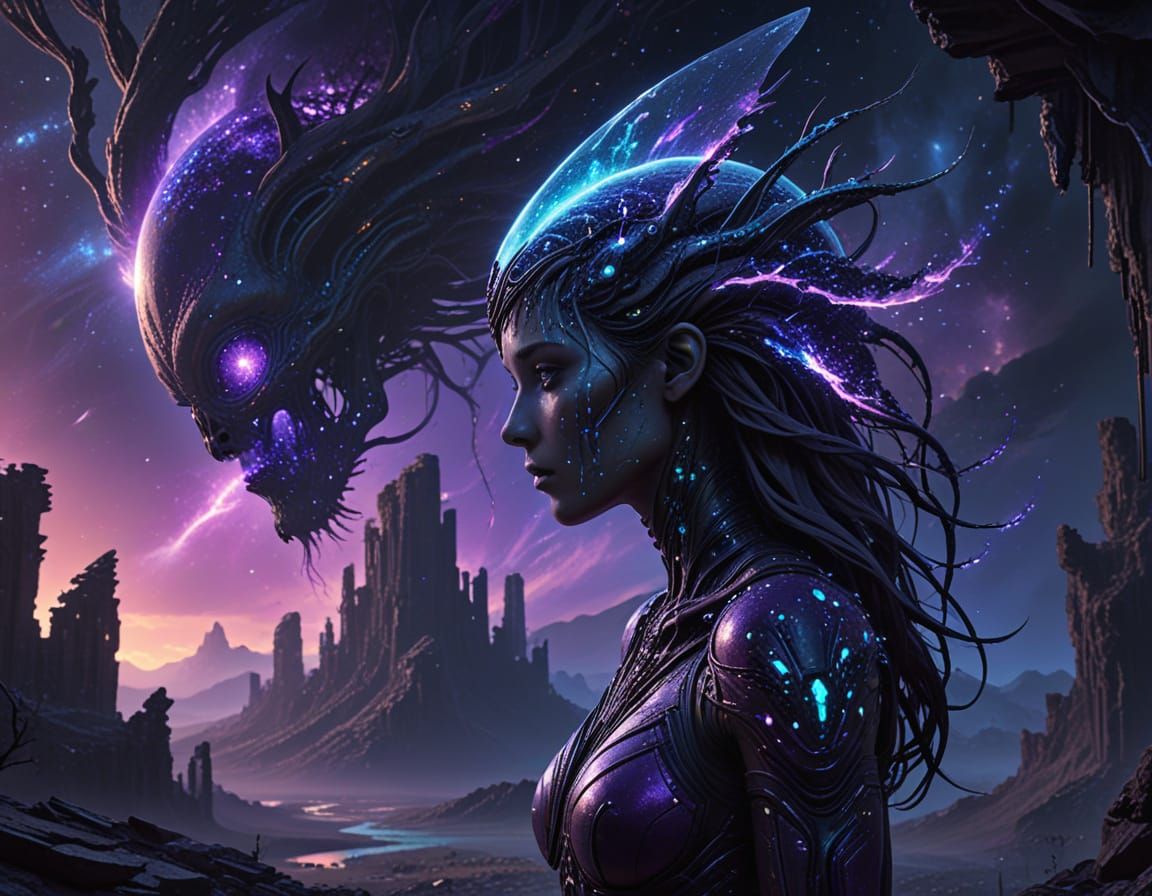 Woman Overlooking Alien World With Stardust Hair