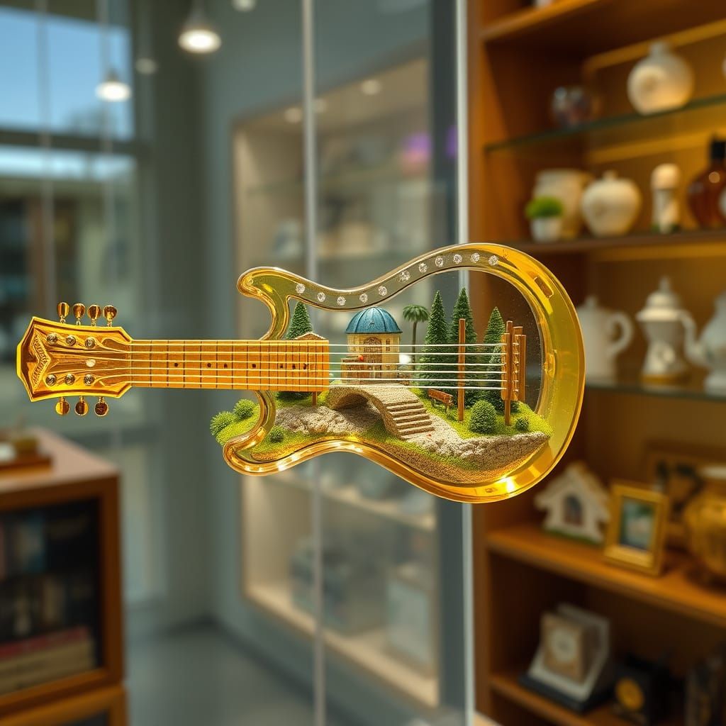 Golden Glass Guitar with Miniature World Inside