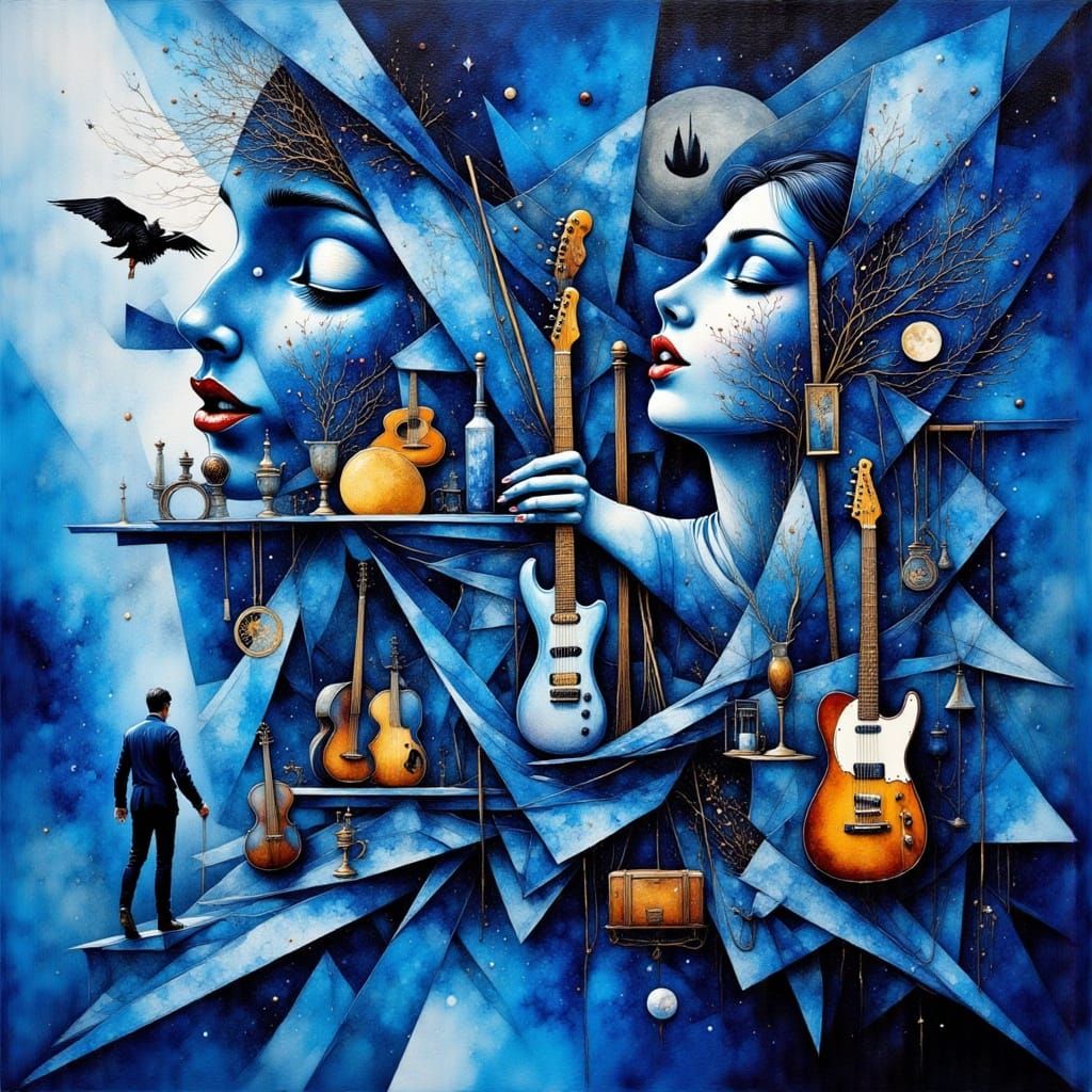 Blue Cubist Masterpiece: Fragmented Harmony