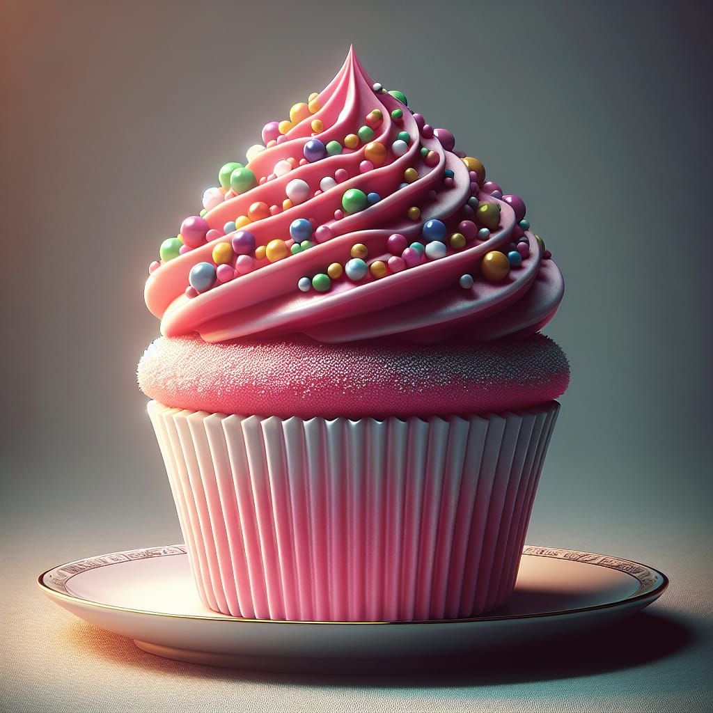 Delicious Pink Cupcake with Sprinkles on White Plate