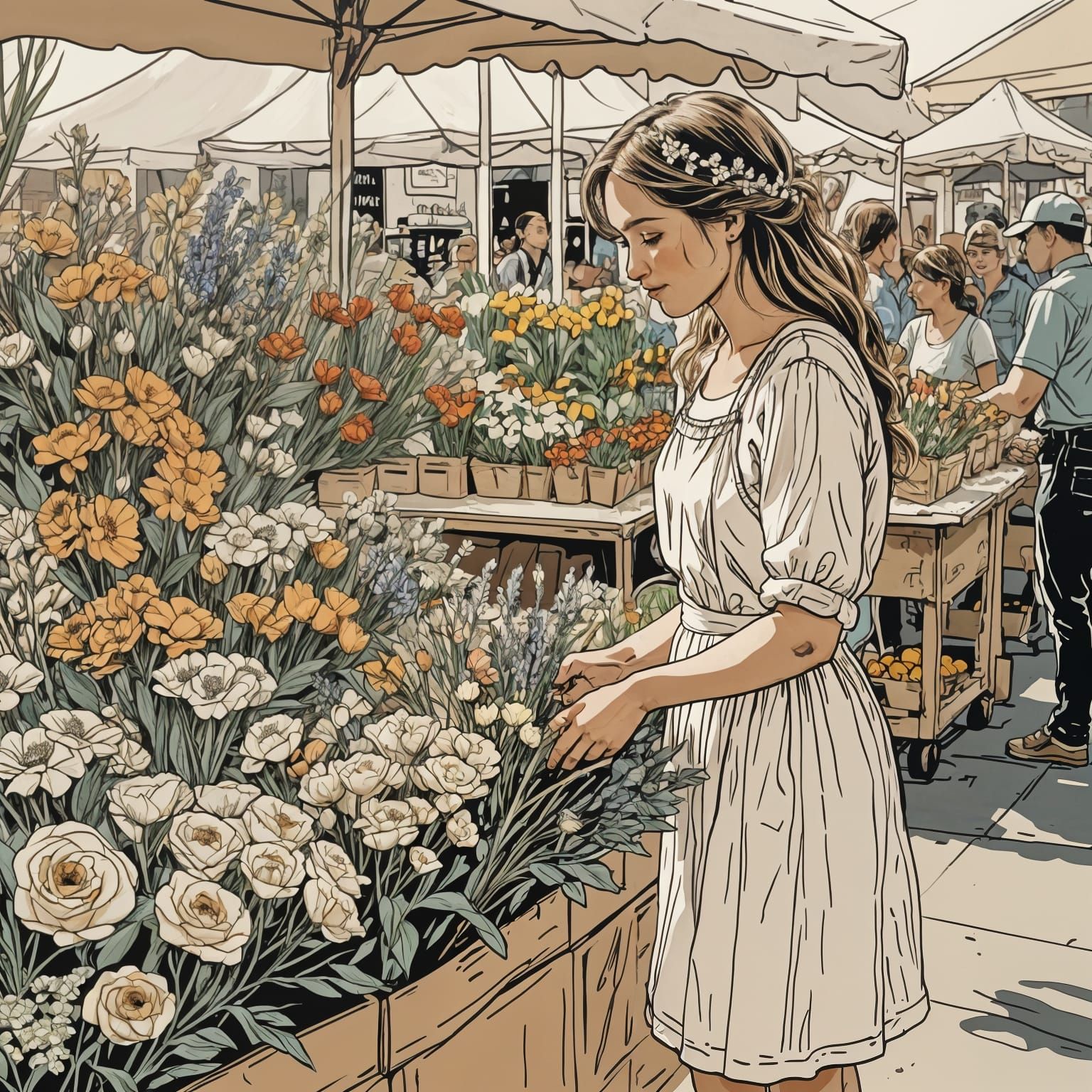 side view of young girl looking at a bridal bouquet of garde...