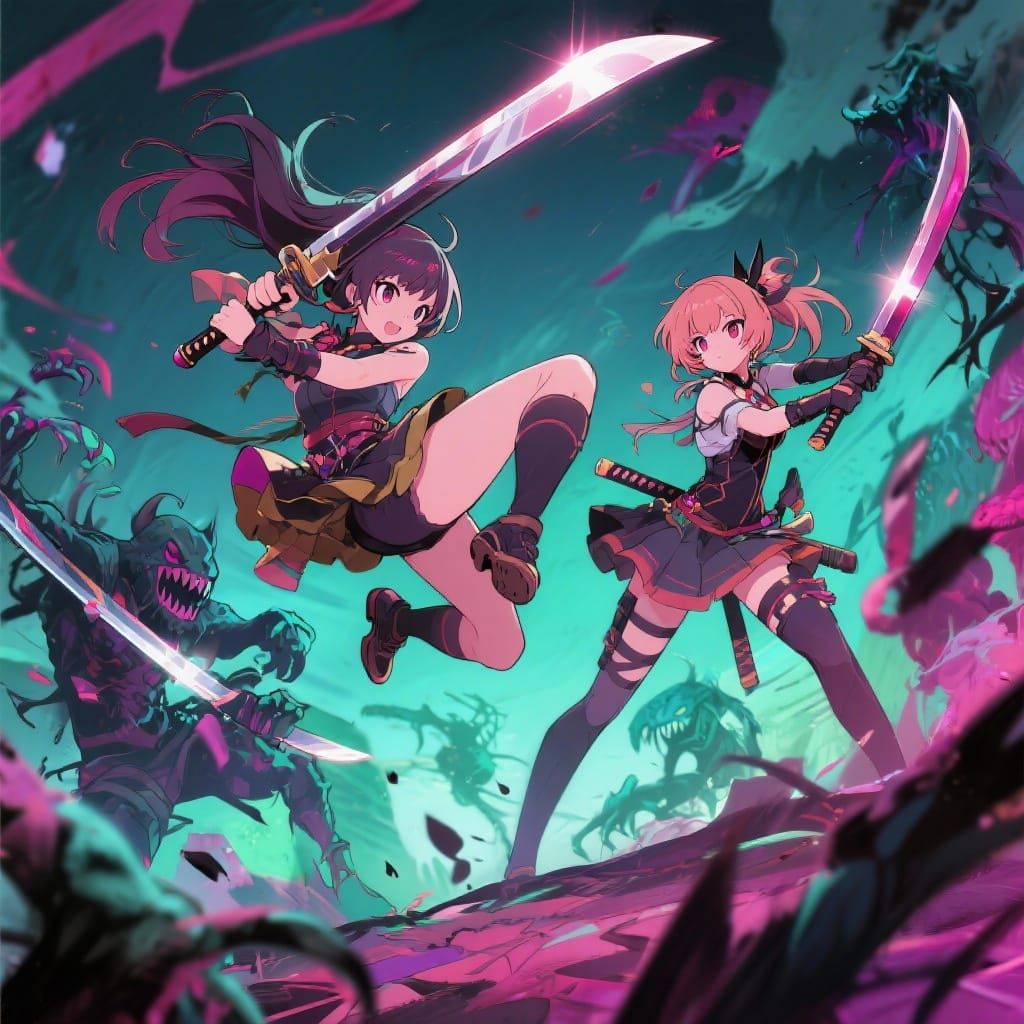 Anime Heroes Rumi and Zoey Battle Monsters with Katanas