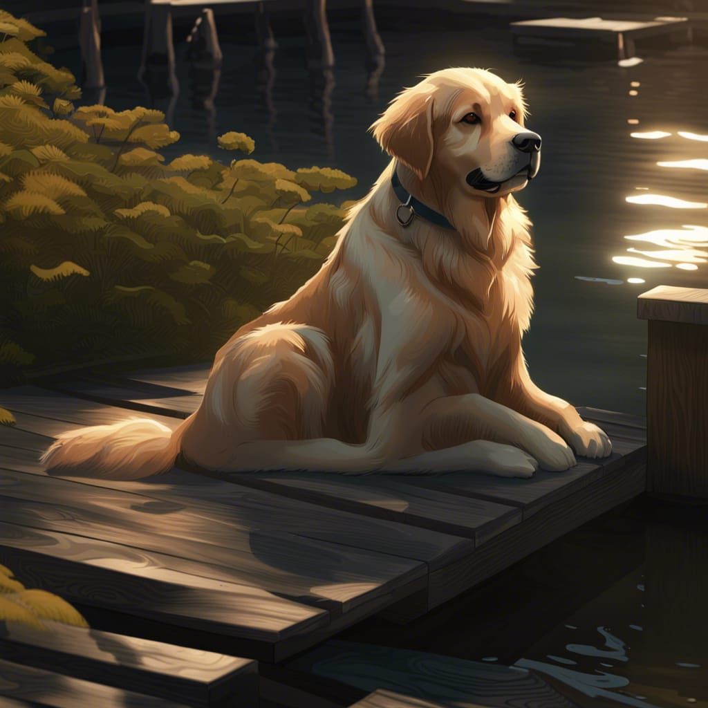 Golden Retriever on Lake Dock: 3D Rendered Art