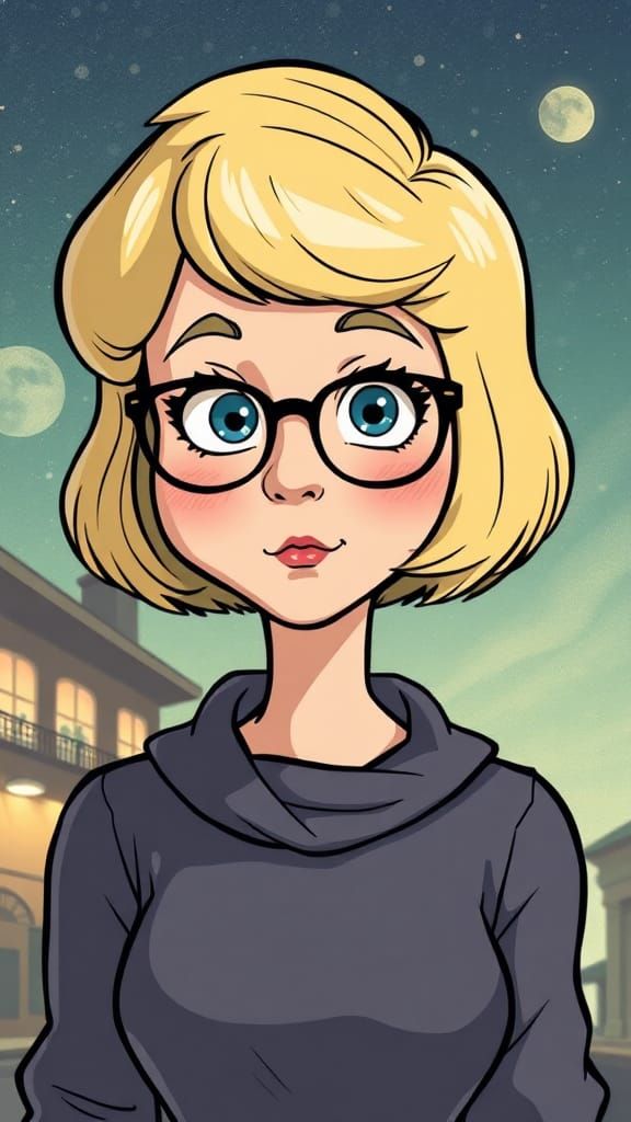Cartoon Louise , short blonde wave bob hairstyle, glasses, blue eyed, round cheeks