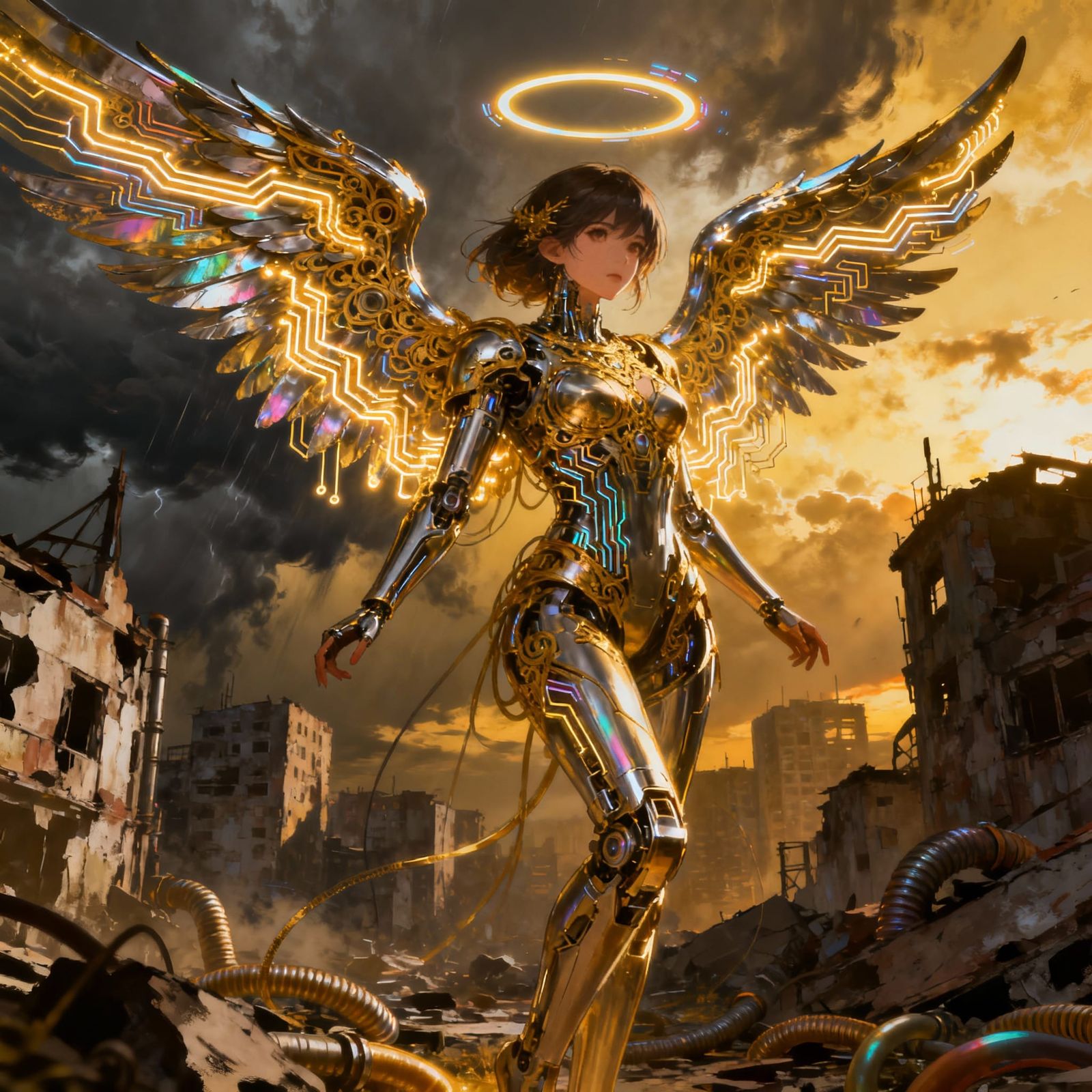 Cyber Angel with Golden Filigree in Post-Apocalyptic City