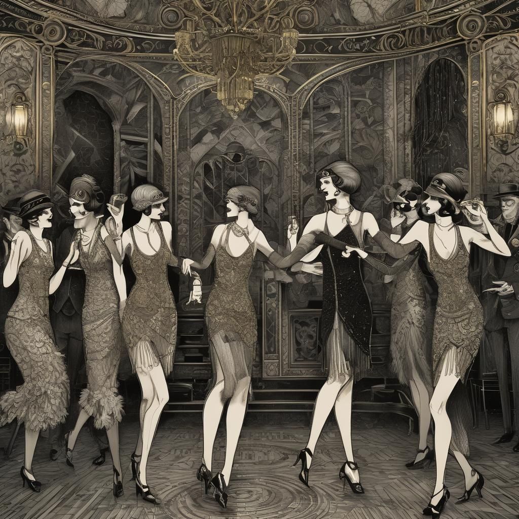 Flappers Dancing Charleston: Pen and Ink Illustration