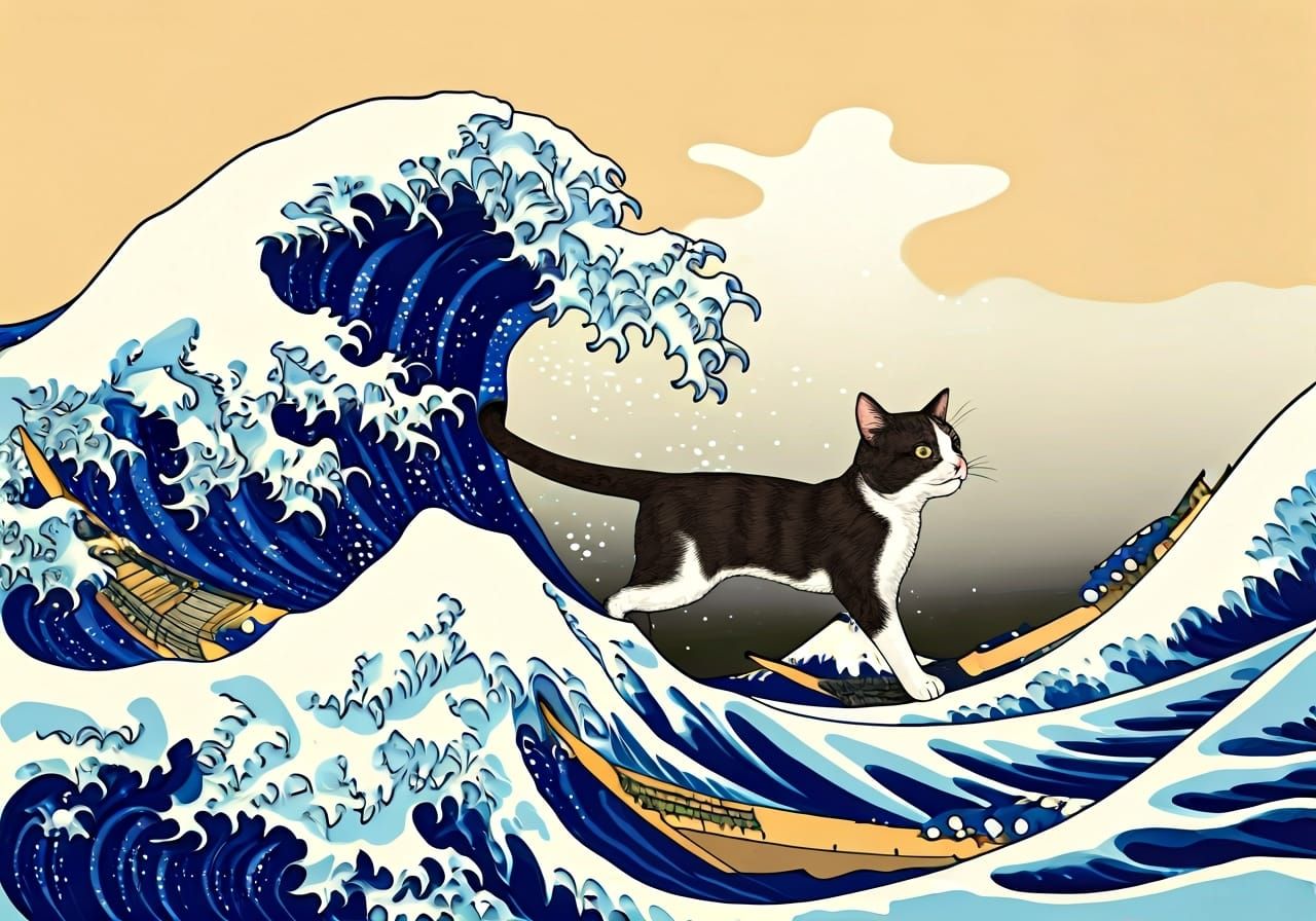 A cat surfs the waves in an interpretation  of the Great Wave off Kanagawa by Katsushika Hokusai.  Consistent art style ...