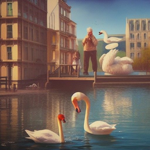 Elderly Couple Feeding Swans in Hyperreal Style