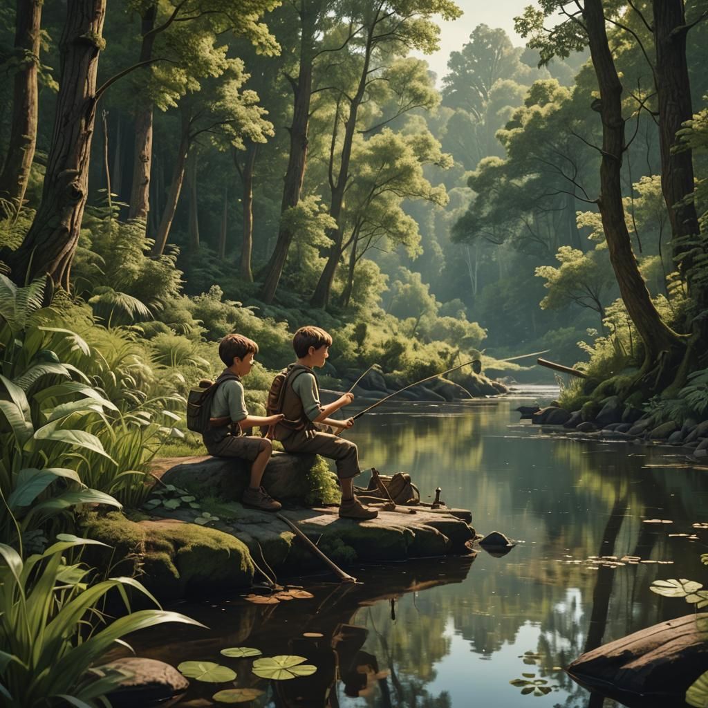 Two young boys peacefully fishing by a serene river, surrounded by a lush forest.