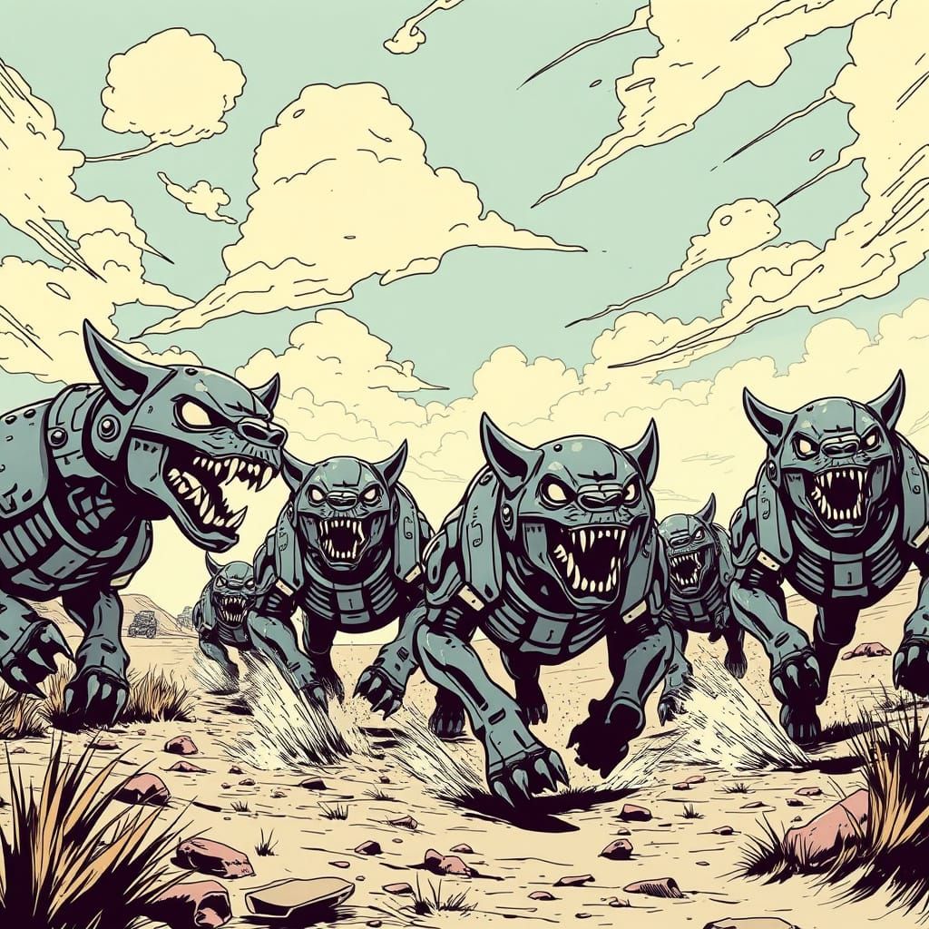 Rabid Robot Dogs Rushing Through Wasteland in Comic Art