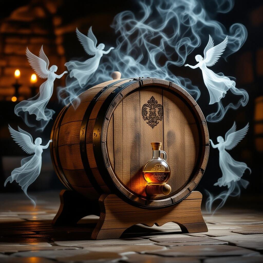 Mystical Whisky Barrel Scene with Circling Angels in Etherea...
