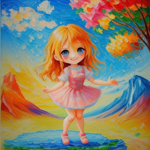 Chibi Character with Breathtaking Views, in Expressionist St...