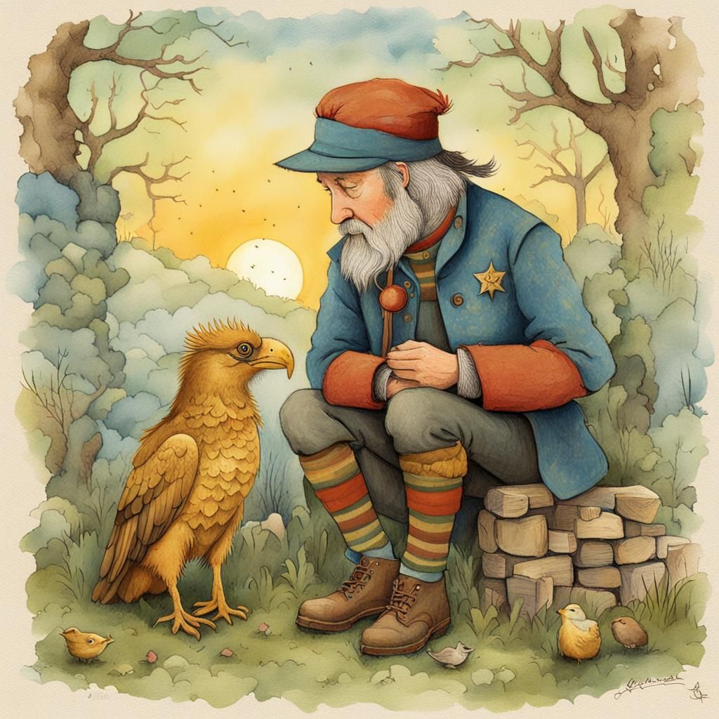 Squire and Gryphon: Whimsical Folk Art Illustration