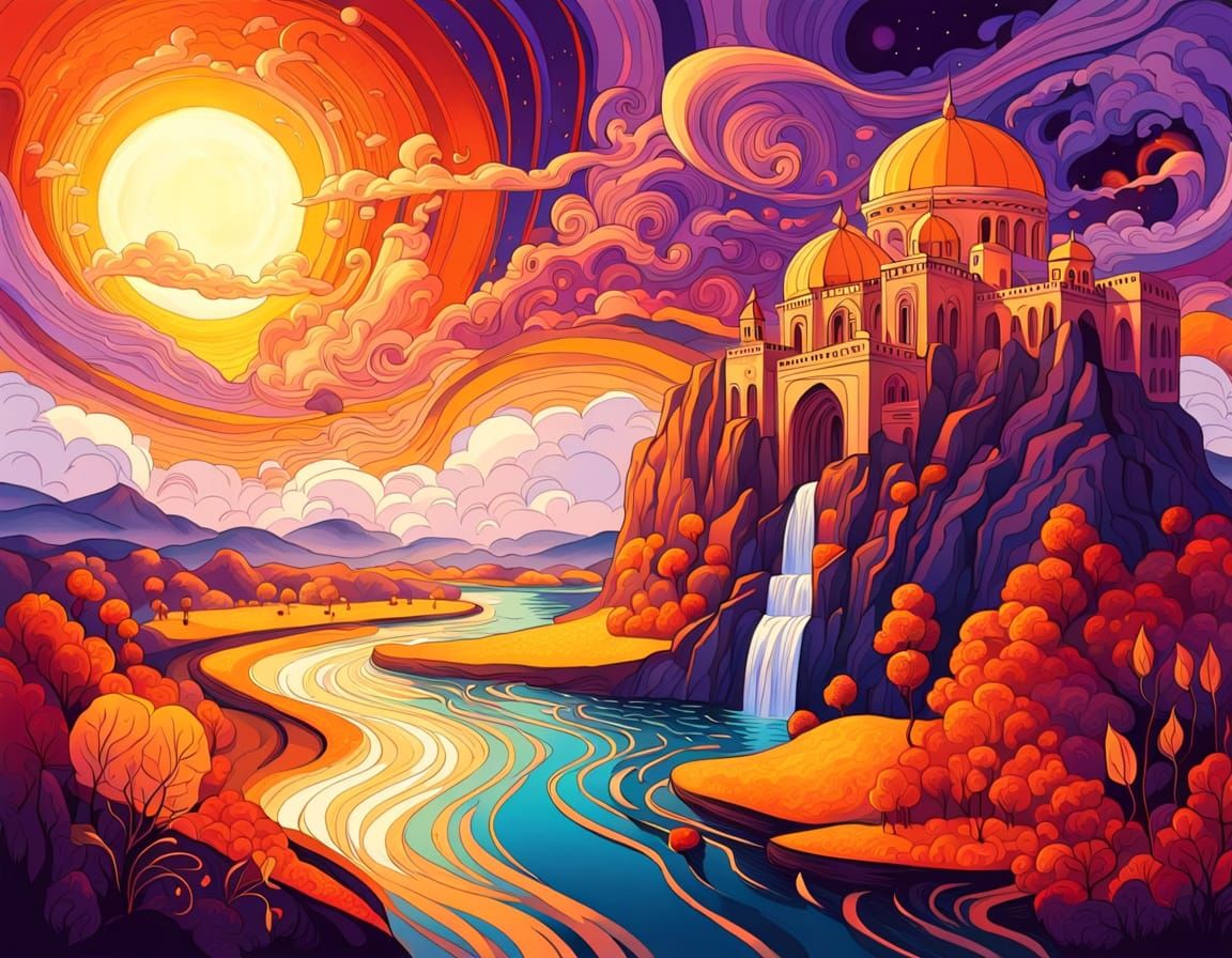 Surreal River Landscape with Ornate Architecture