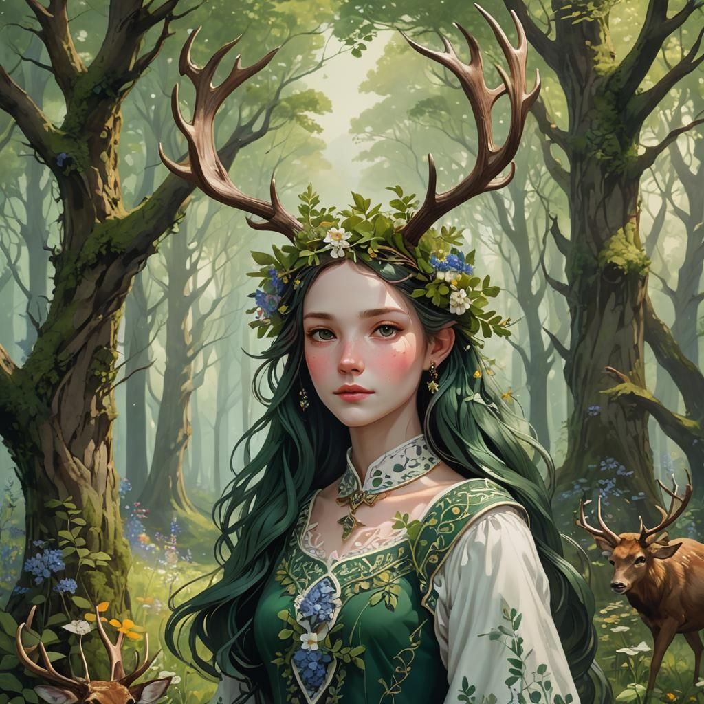 Girl with Antlers in Enchanted Forest