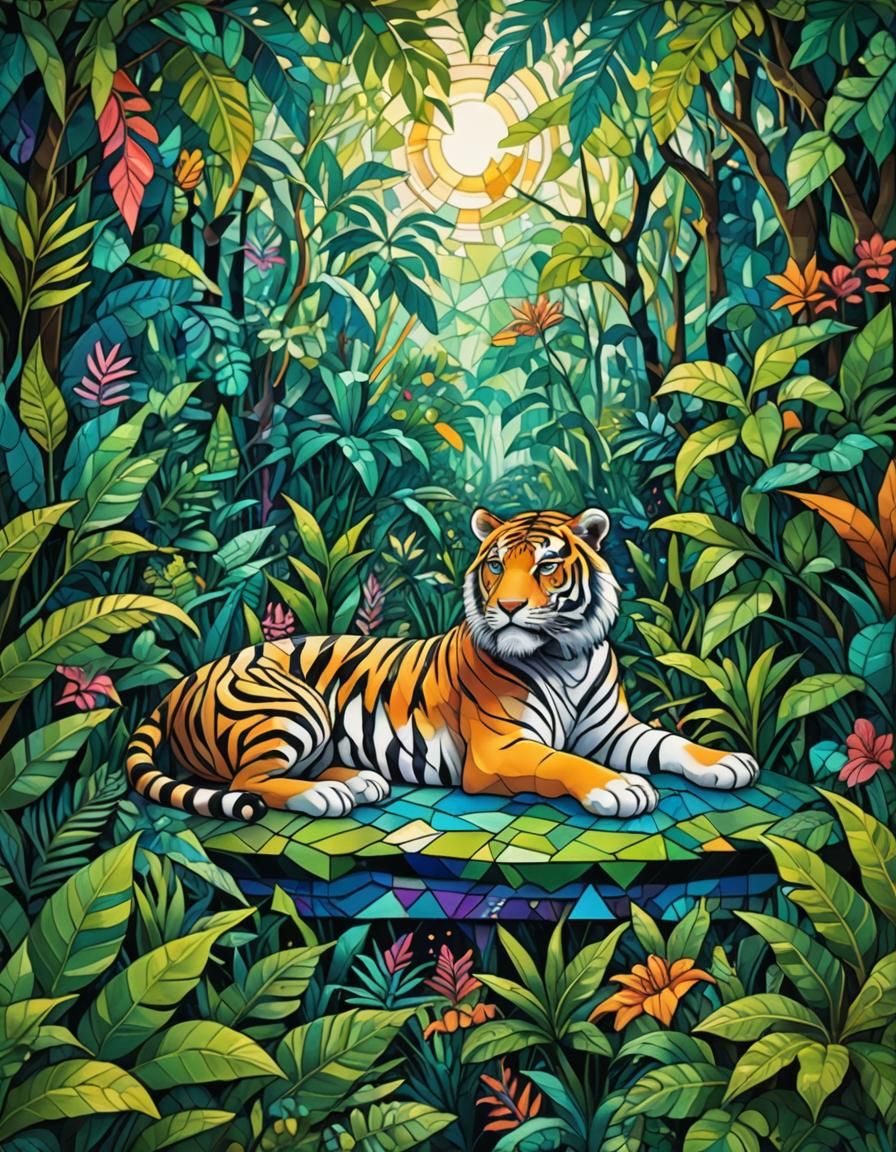 Cubist Tiger in Fantasy Jungle: Geometric Art Deco