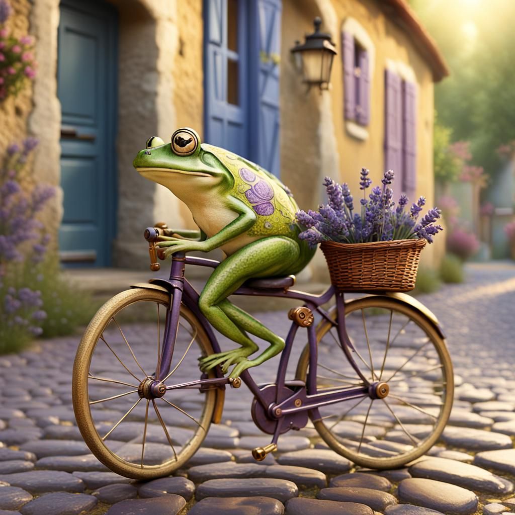 Princess Frog on Bicycle: Folk Art Illustration