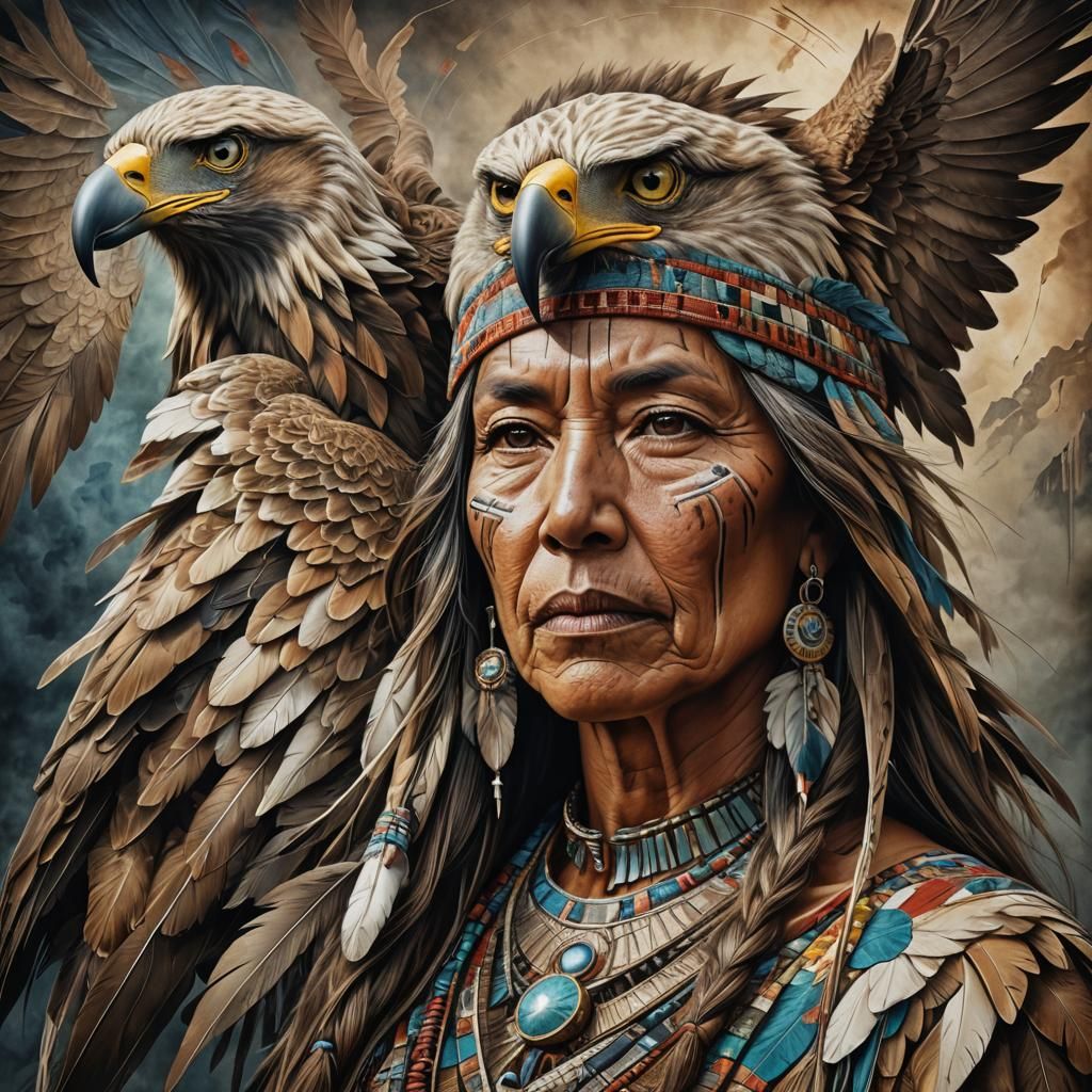 Native American Eagle Portrait in Surreal Abstract Style