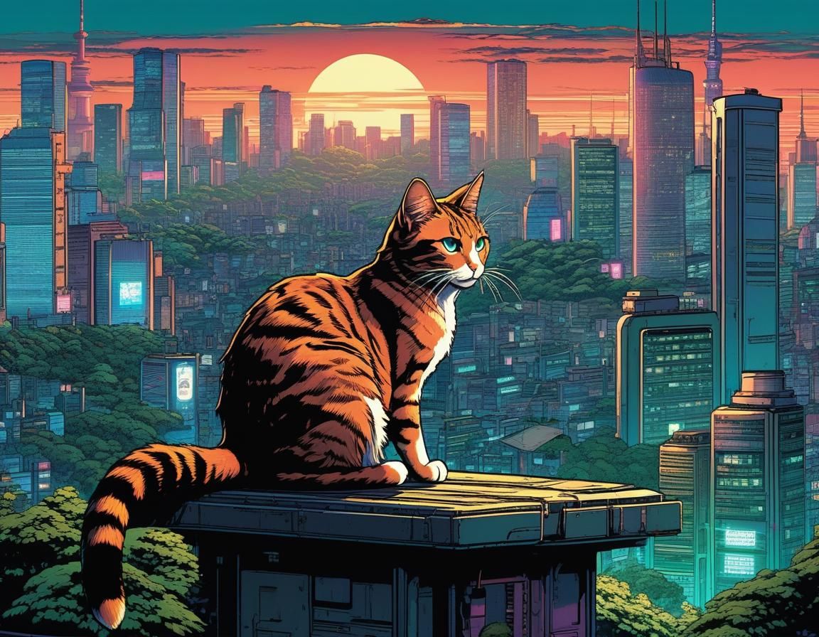 Cyberpunk Cat Over Tokyo in Manga Style