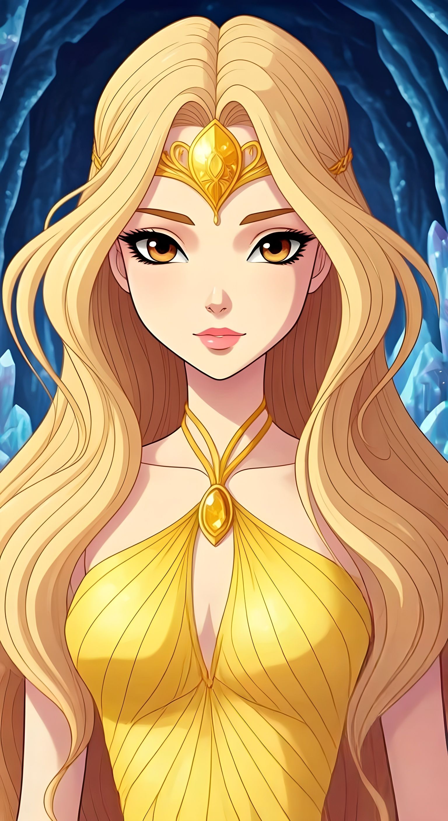 Daphne in Golden Nymph Form with Crystal Cave Background