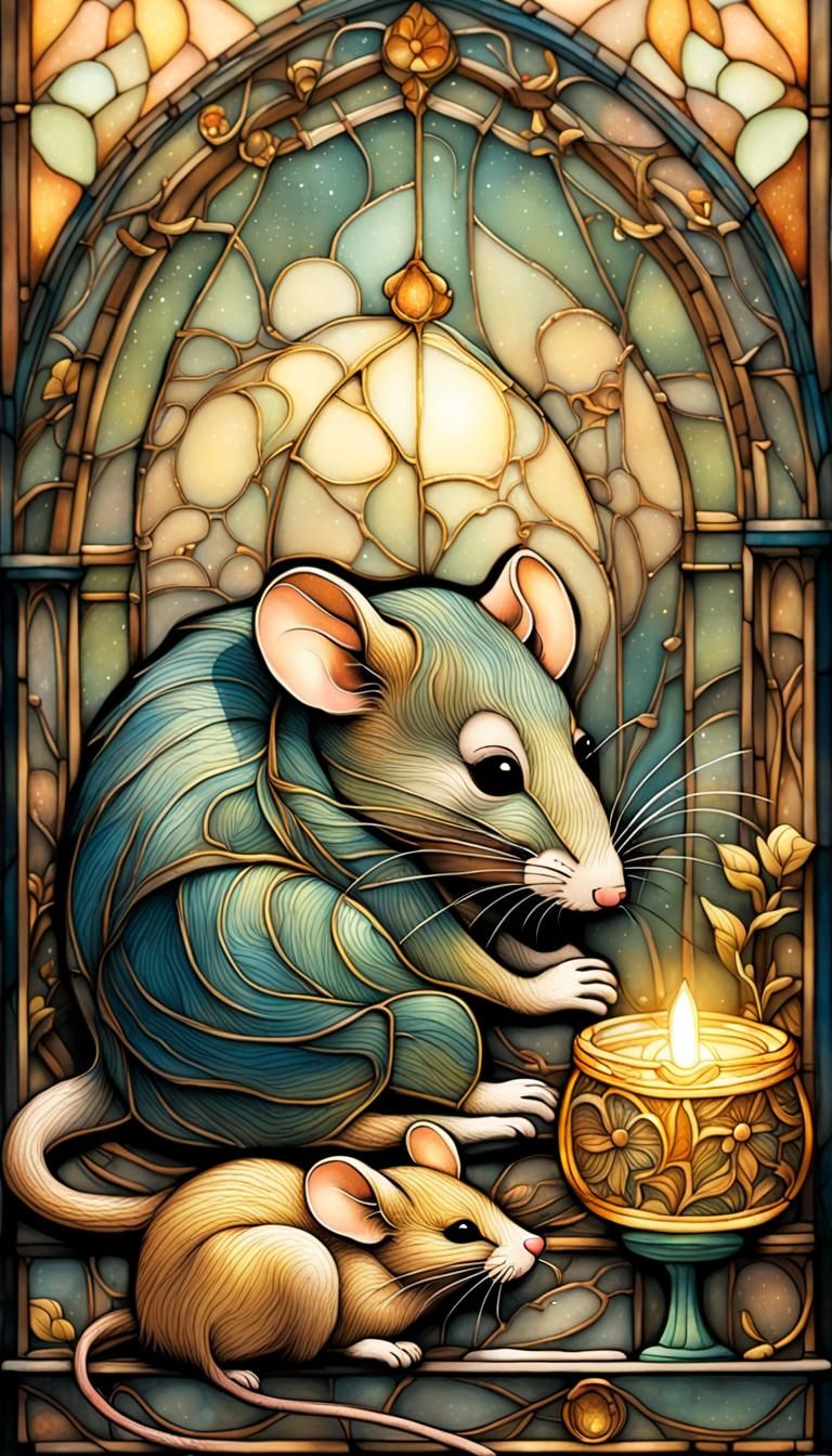 Mouse Sleeping in Stained Glass Etching Art